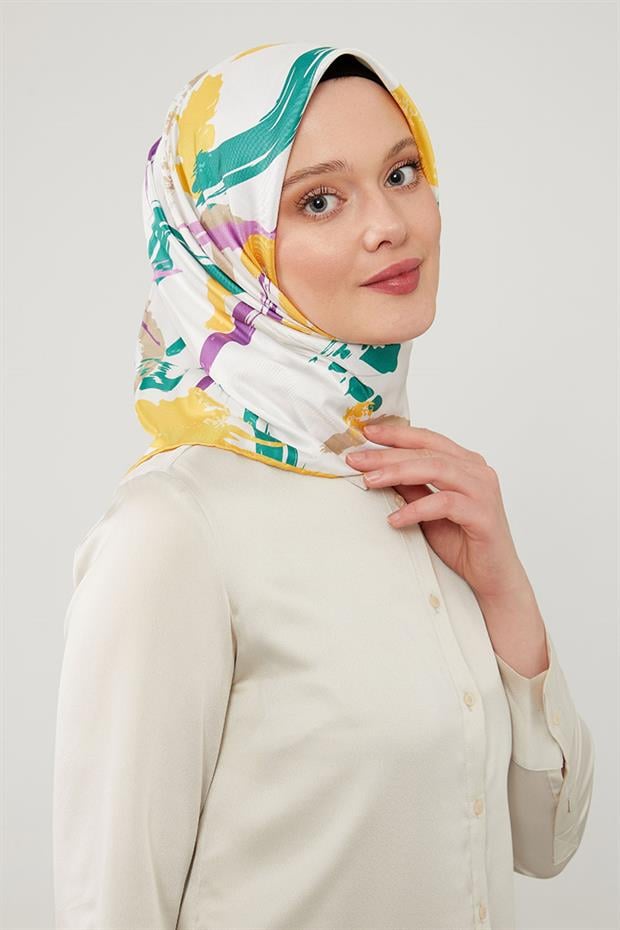 Sarı Boya Desen Twill Eşarp