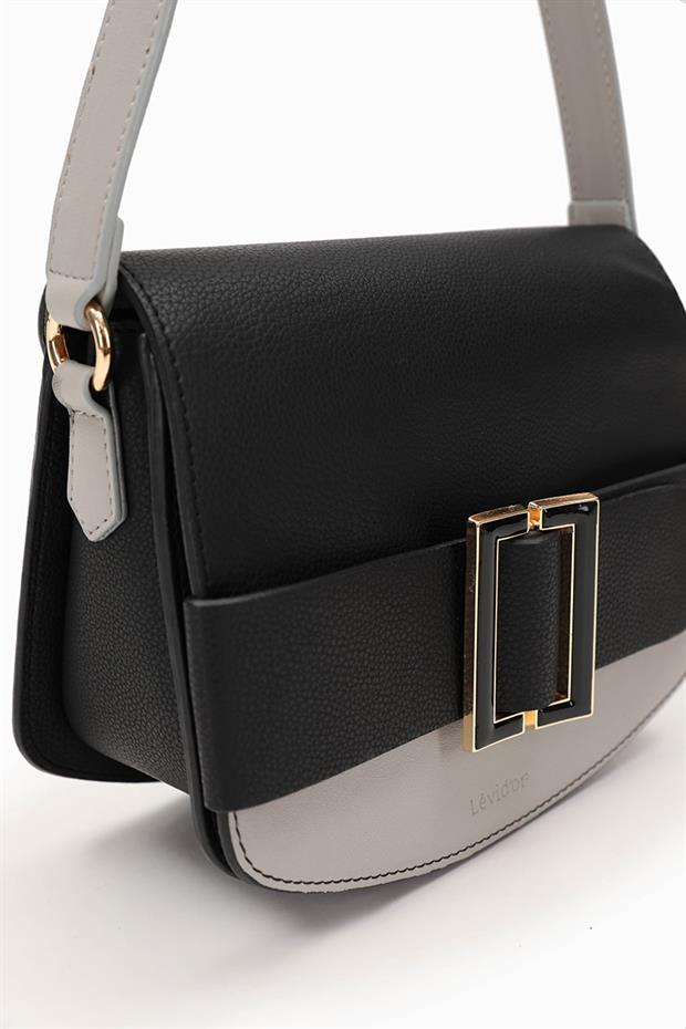 Siyah Açık Gri Toka Tasarımlı Omuz Çantası