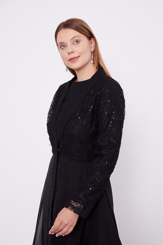 Siyah Abaya Üstü Garnili Asimetrik Etek Ucu Ferace