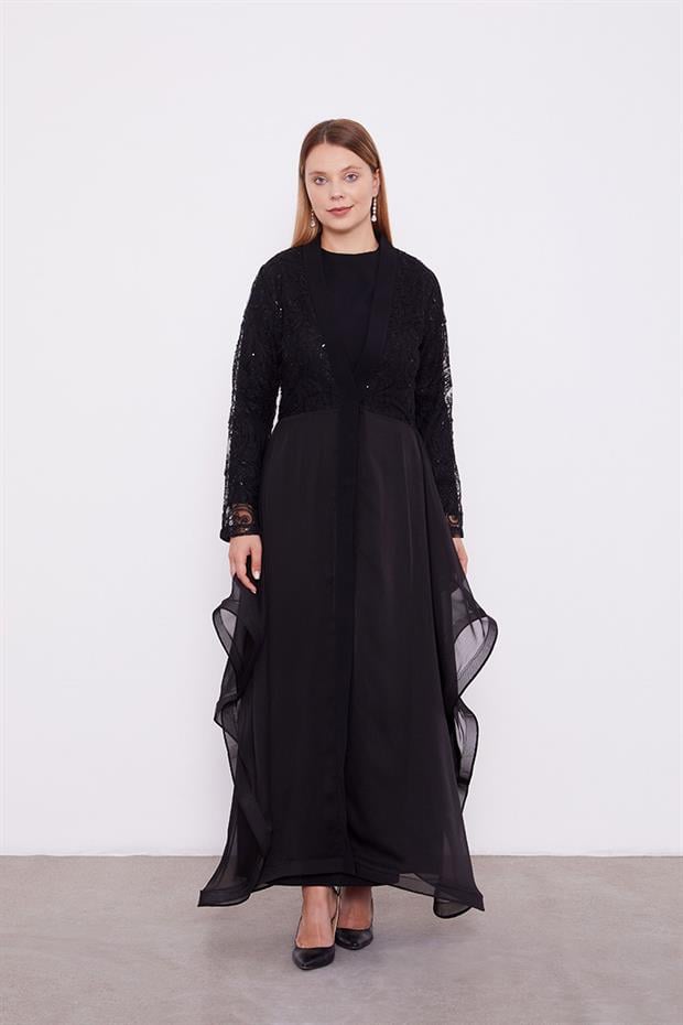 Siyah Abaya Üstü Garnili Asimetrik Etek Ucu Ferace