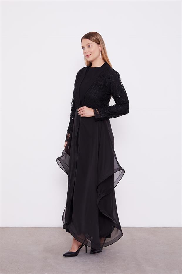 Siyah Abaya Üstü Garnili Asimetrik Etek Ucu Ferace