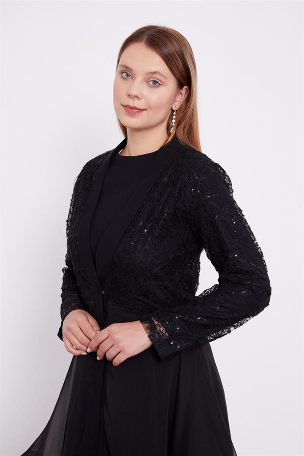 Siyah Abaya Üstü Garnili Asimetrik Etek Ucu Ferace