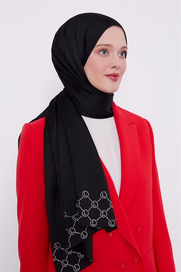 Siyah Altıgen Desen Diamond Şal
