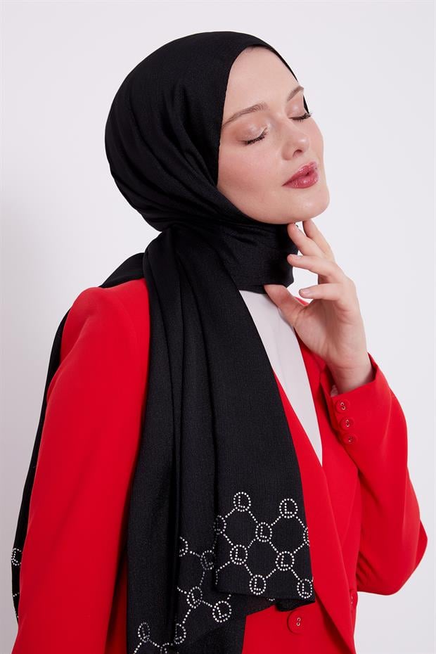 Siyah Altıgen Desen Diamond Şal