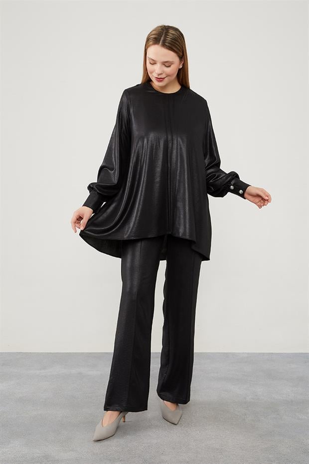 Siyah Asimetrik Kesim Balon Kol Pantolonlu Takım