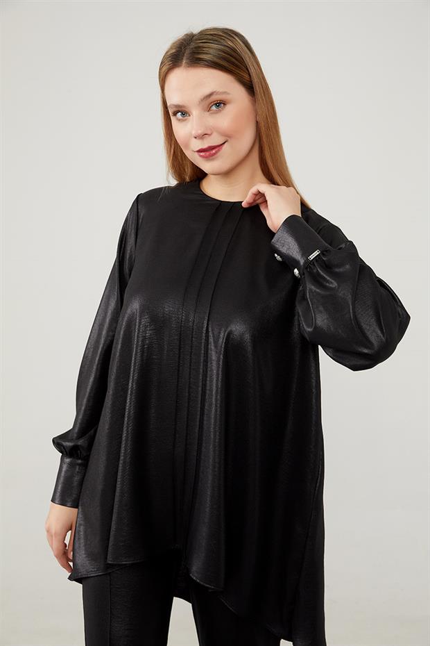 Siyah Asimetrik Kesim Balon Kol Pantolonlu Takım