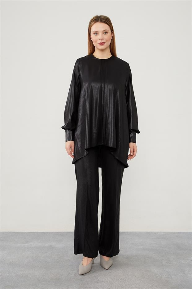 Siyah Asimetrik Kesim Balon Kol Pantolonlu Takım
