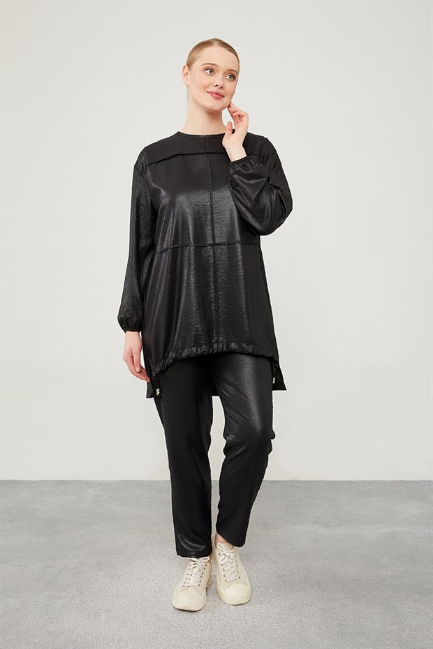 Siyah Asimetrik Kesim Pantolonlu İkili Takım