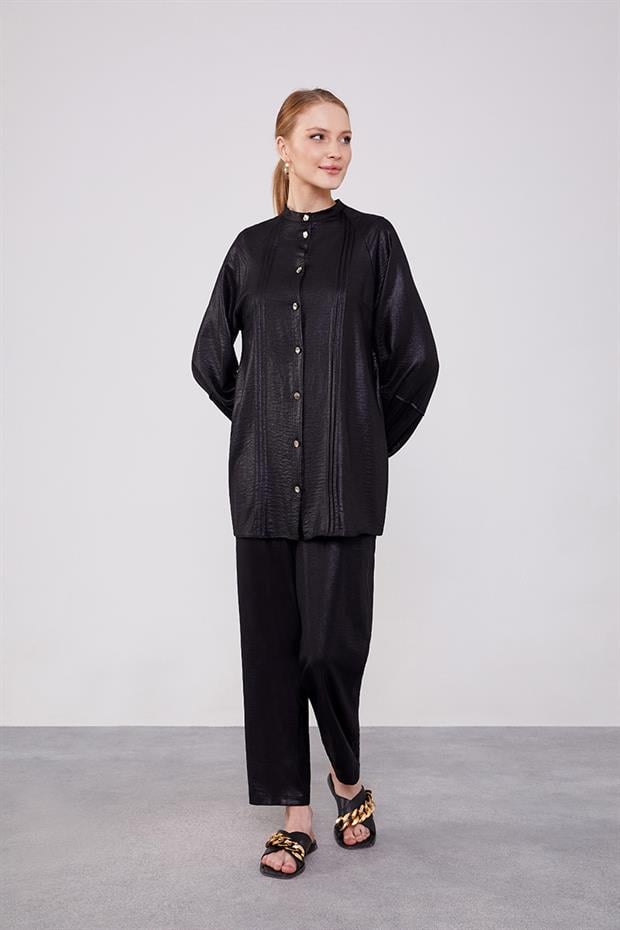 Siyah Bisiklet Yaka Airobin Kumaş İkili Takım