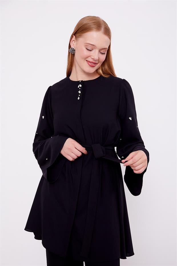 Siyah Bisiklet Yaka Taş Detaylı İkili Takım