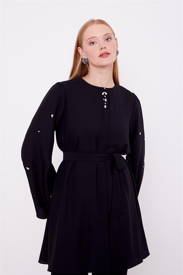 Siyah Bisiklet Yaka Taş Detaylı İkili Takım