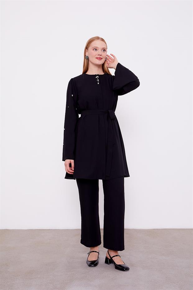 Siyah Bisiklet Yaka Taş Detaylı İkili Takım