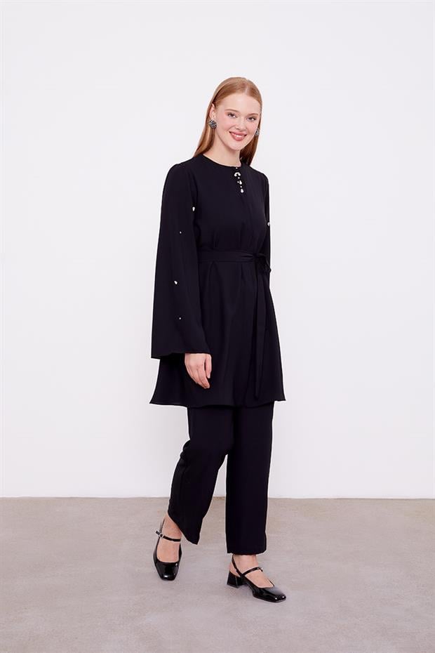 Siyah Bisiklet Yaka Taş Detaylı İkili Takım