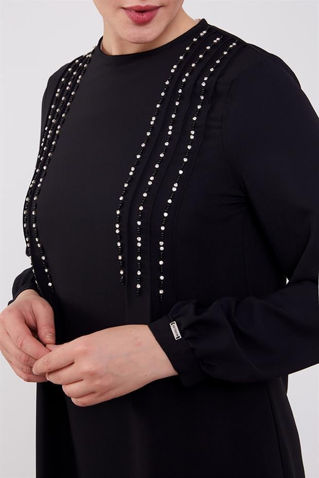 Siyah Boncuk İşlemeli Tunik Takım