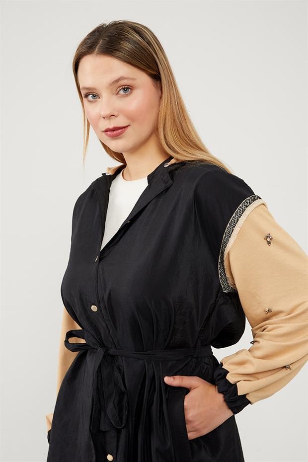 Siyah - Camel Kol İşleme Detaylı Trençkot