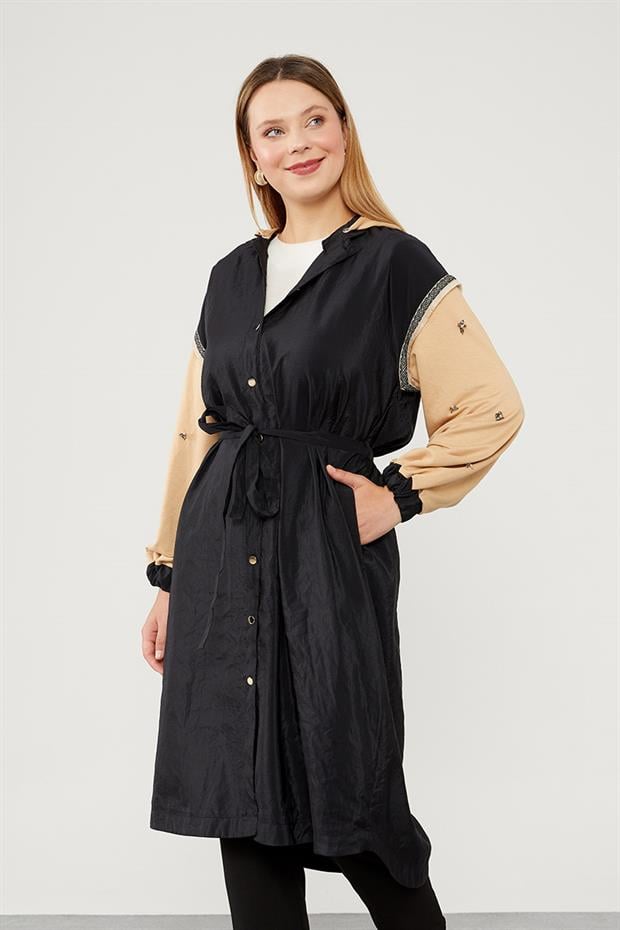 Siyah - Camel Kol İşleme Detaylı Trençkot