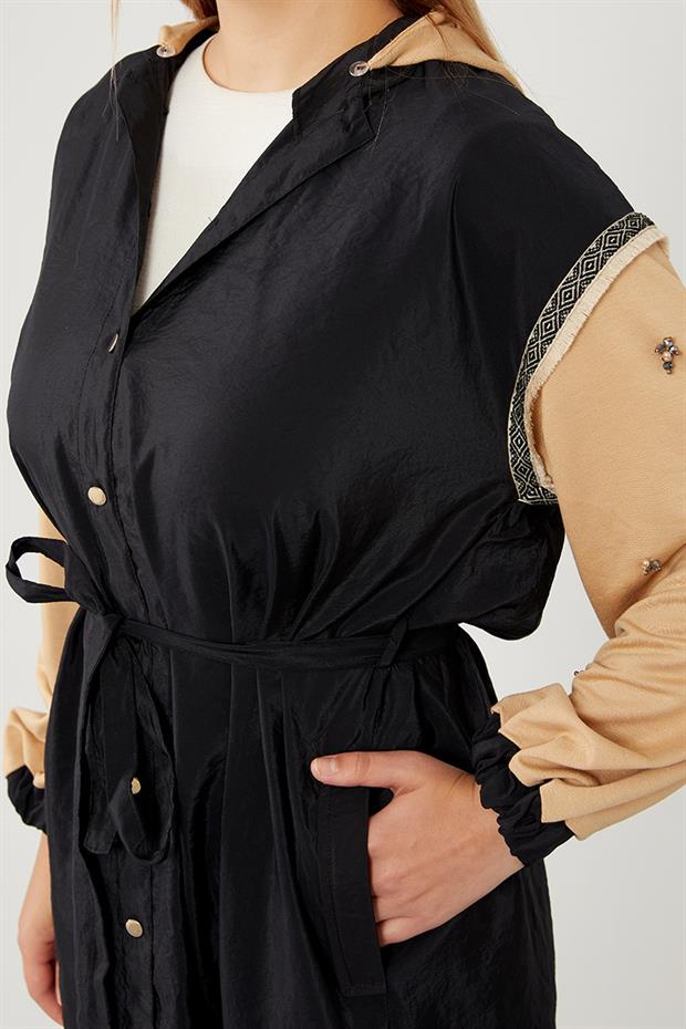 Siyah - Camel Kol İşleme Detaylı Trençkot