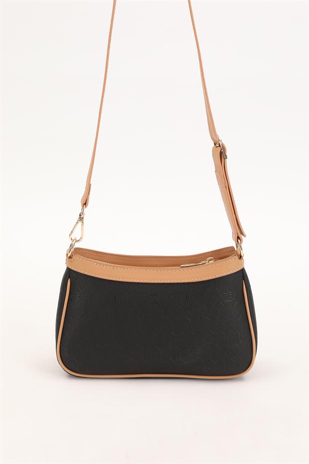 Siyah - Camel Fermuarlı Petek Desen Omuz Çantası