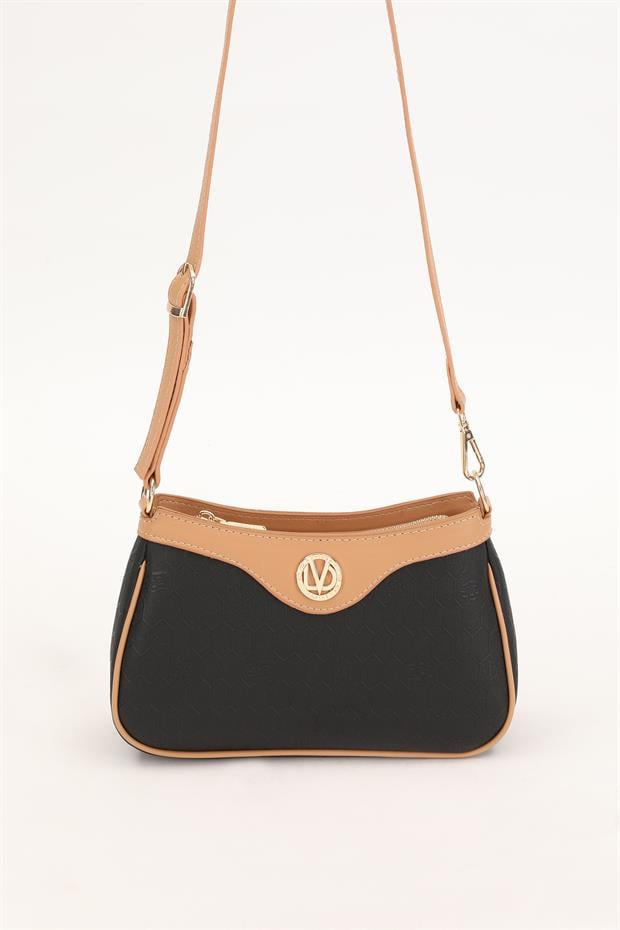 Siyah - Camel Fermuarlı Petek Desen Omuz Çantası