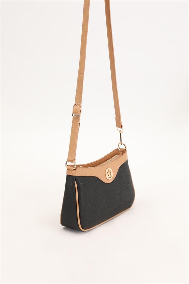 Siyah - Camel Fermuarlı Petek Desen Omuz Çantası