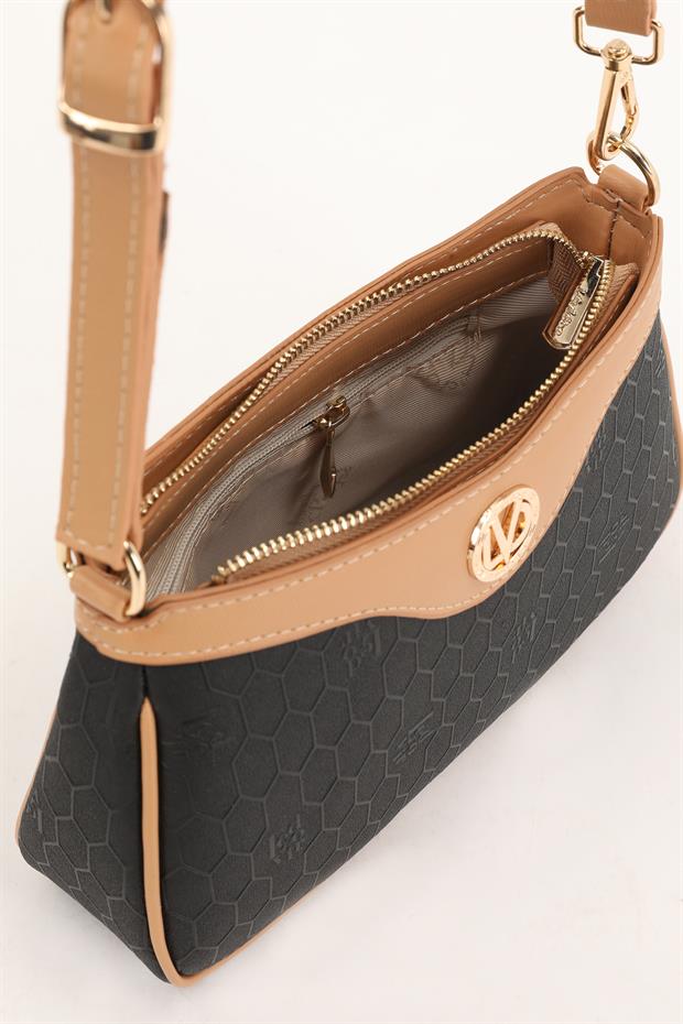 Siyah - Camel Fermuarlı Petek Desen Omuz Çantası