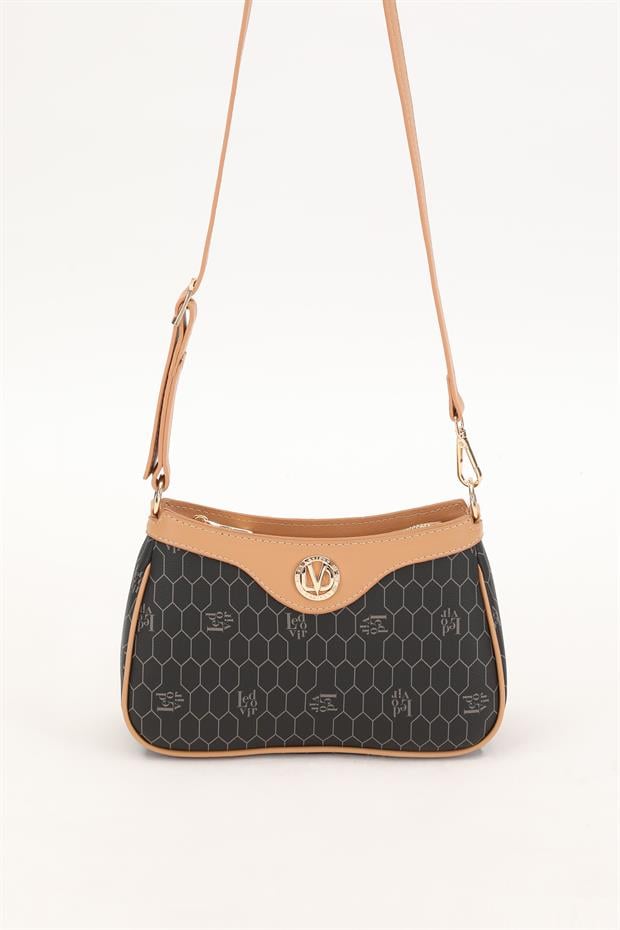 Siyah - Camel Petek Desen Omuz Çantası