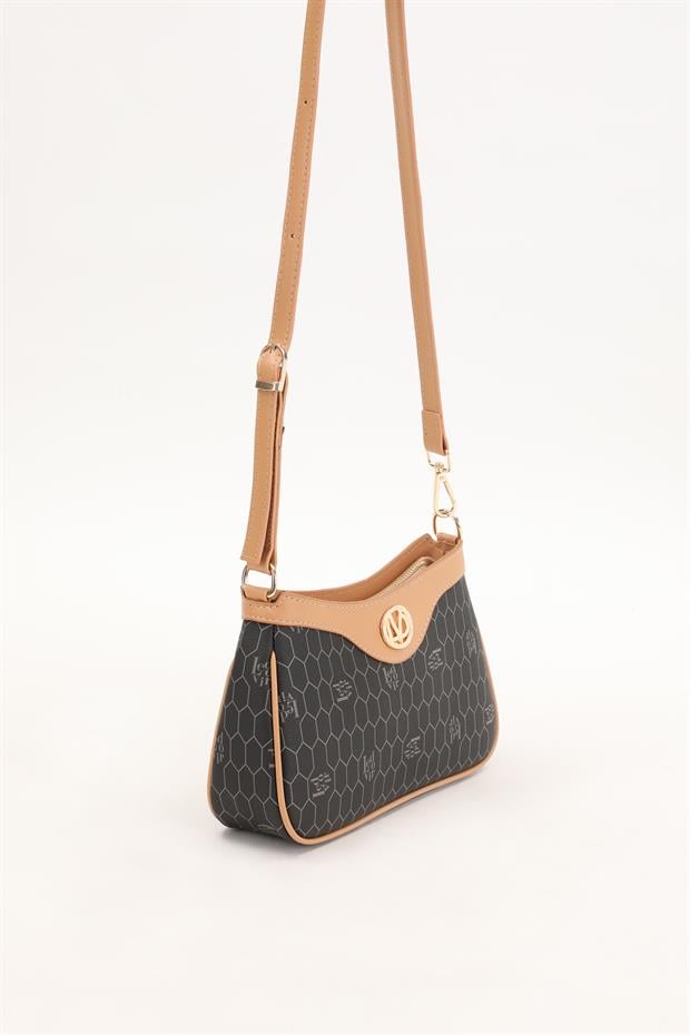 Siyah - Camel Petek Desen Omuz Çantası