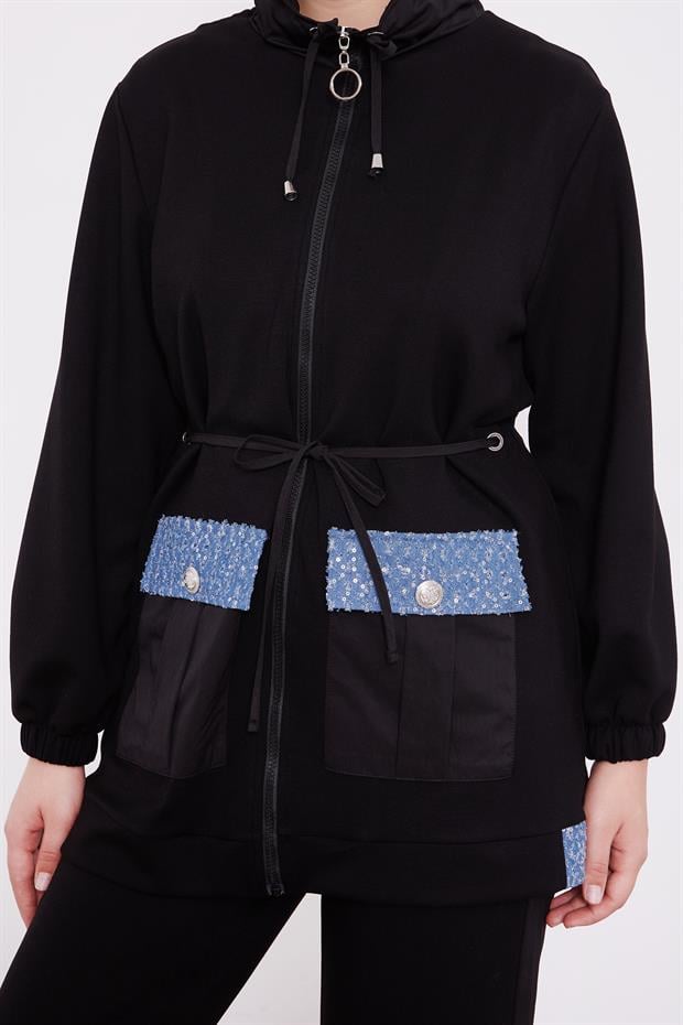 Siyah Cebi İşleme Detaylı Ceket Takım