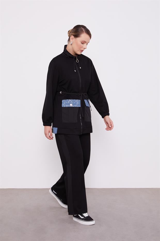 Siyah Cebi İşleme Detaylı Ceket Takım