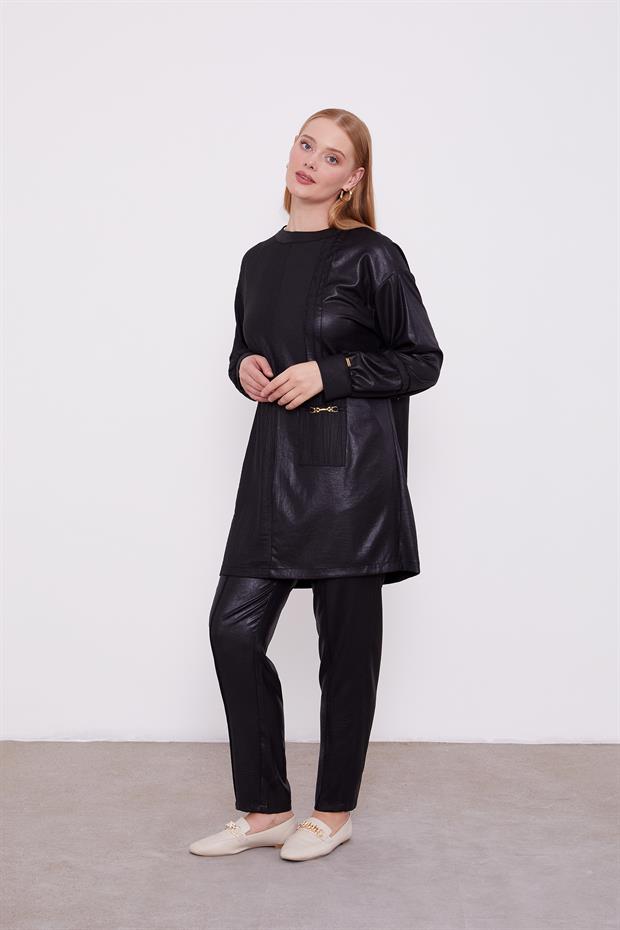 Siyah Cep Detaylı Aerobin İkili Takım