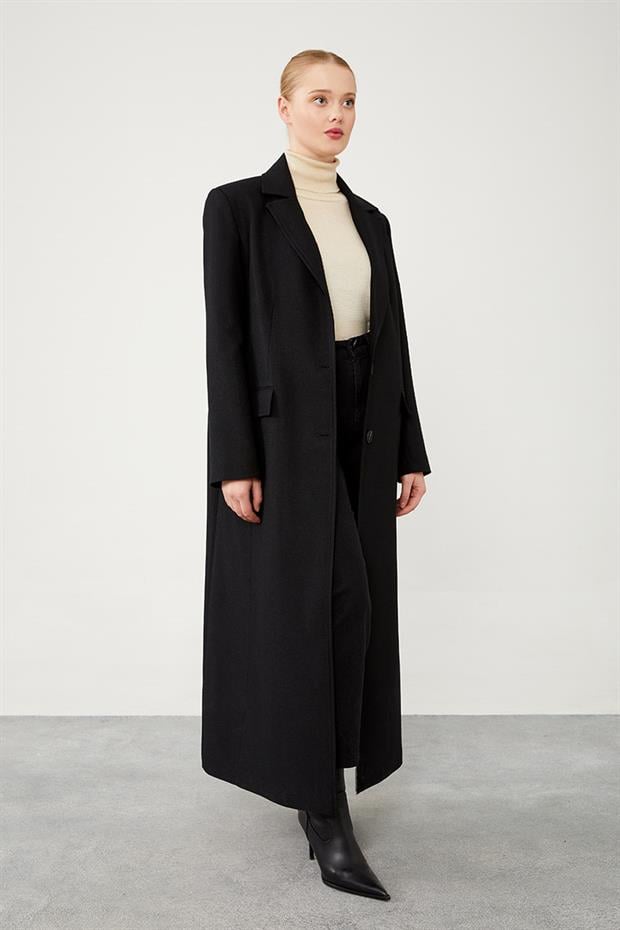 Siyah Çizgli Desen Kaşe Kaban