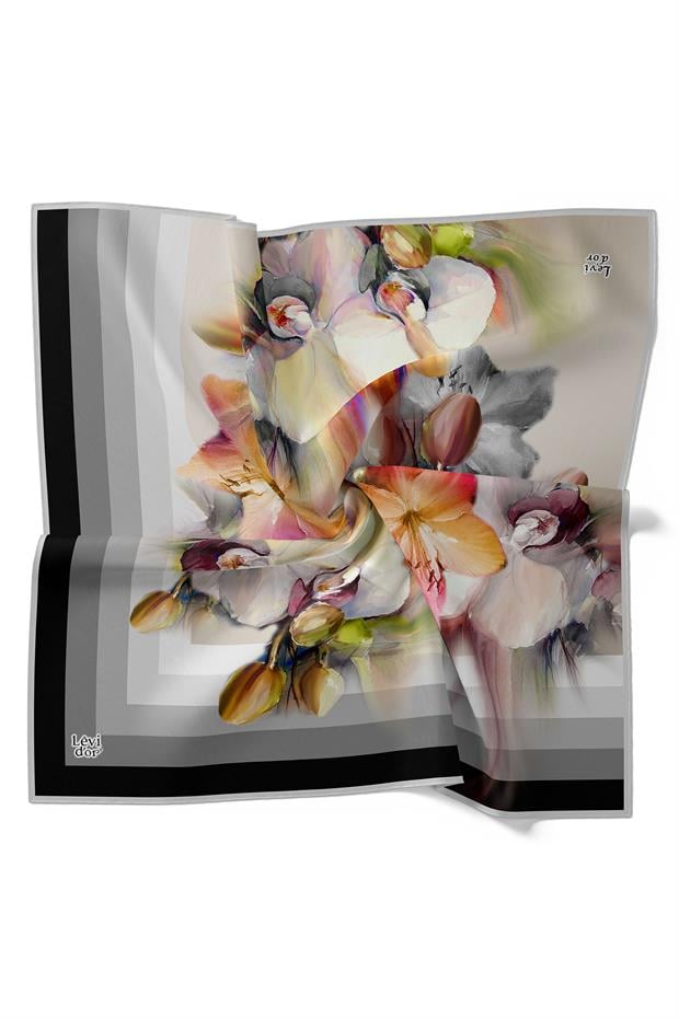 Siyah Çizim Desen Twill Ipek Eşarp