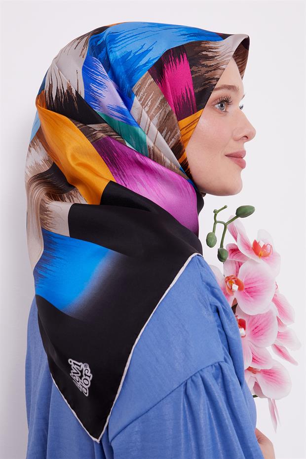 Siyah Çok Renkli Twill Ipek Eşarp