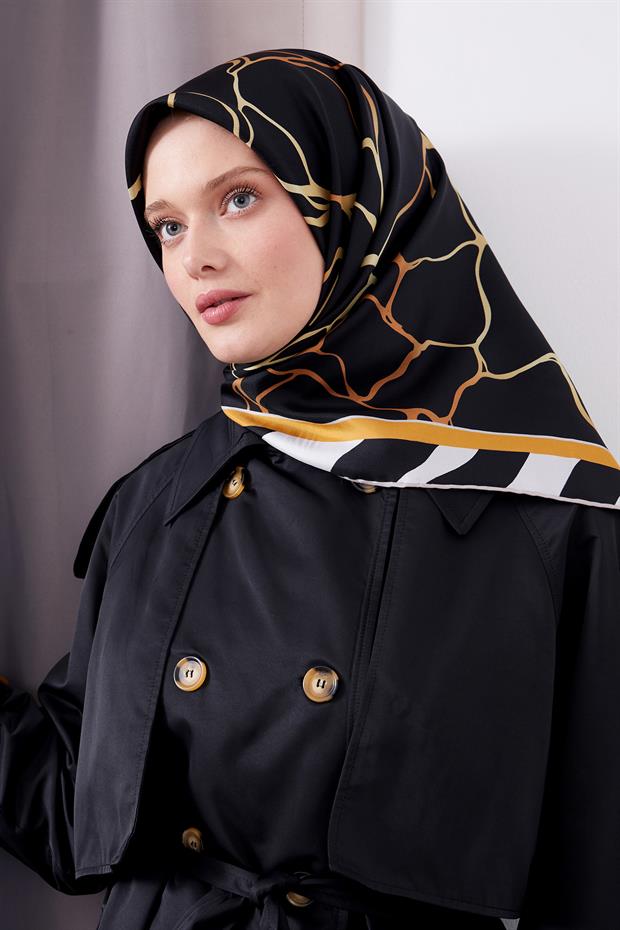 Siyah Dalga Desen Twill İpek Eşarp