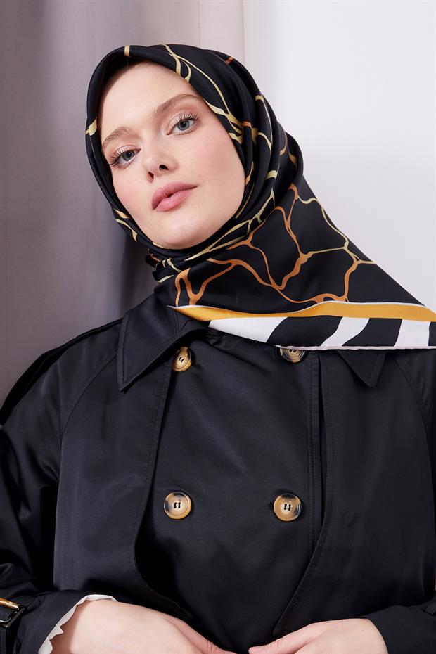 Siyah Dalga Desen Twill İpek Eşarp