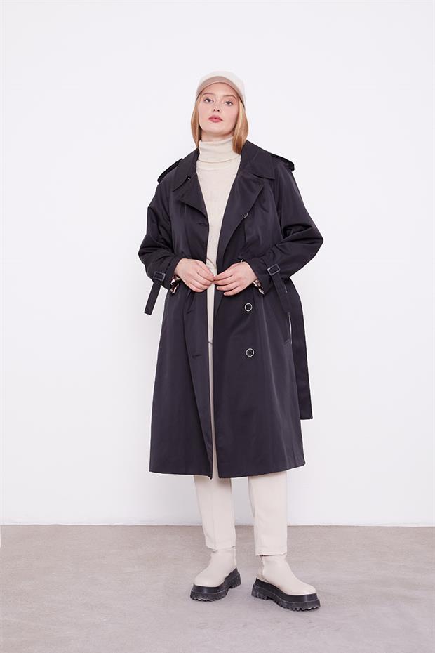 Siyah Ekose Astarlı Trençkot