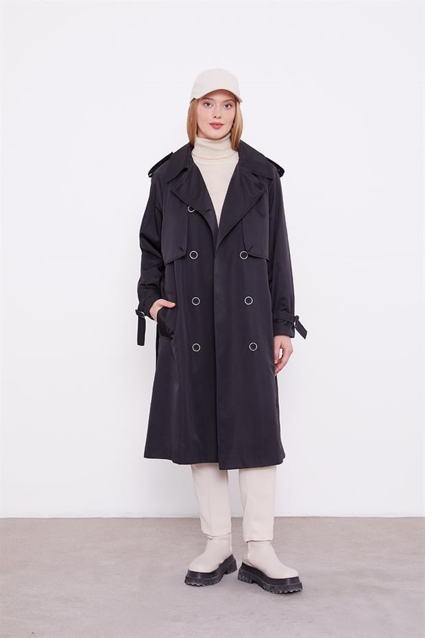 Siyah Ekose Astarlı Trençkot