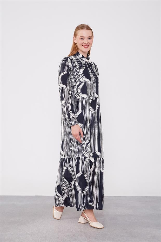 Siyah-Ekru Eteği Volanlı Astarsız Pamuklu Elbise