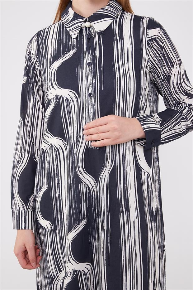 Siyah-Ekru Eteği Volanlı Astarsız Pamuklu Elbise