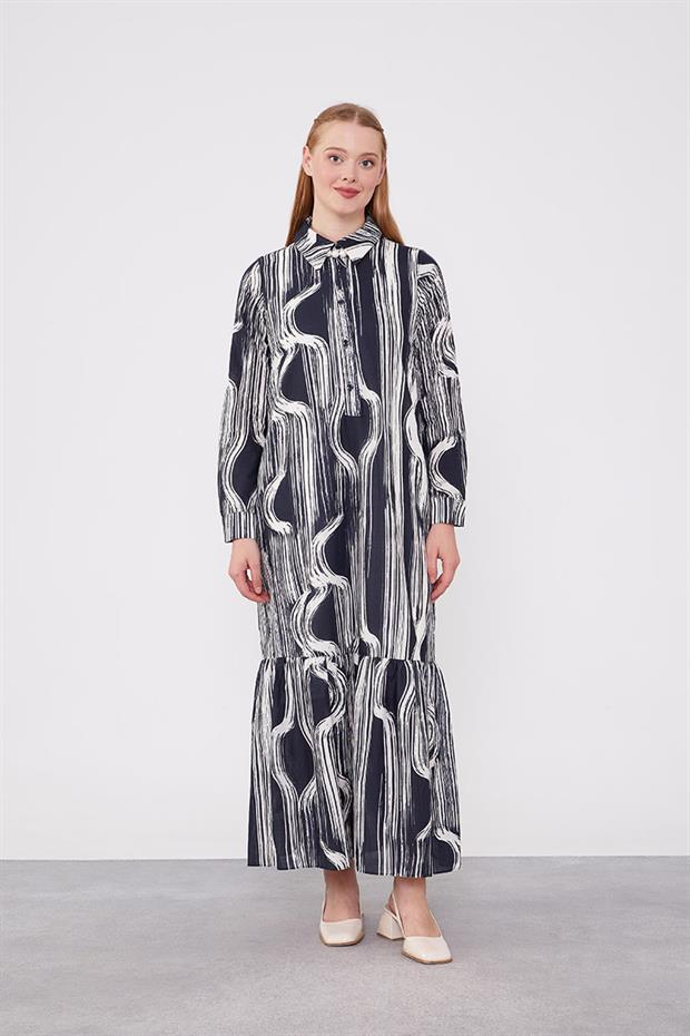 Siyah-Ekru Eteği Volanlı Astarsız Pamuklu Elbise