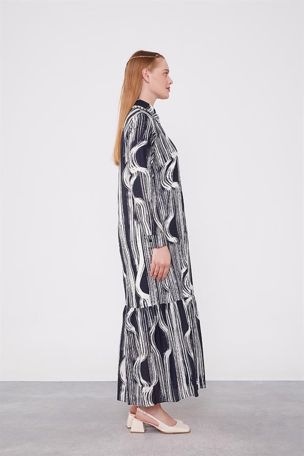 Siyah-Ekru Eteği Volanlı Astarsız Pamuklu Elbise