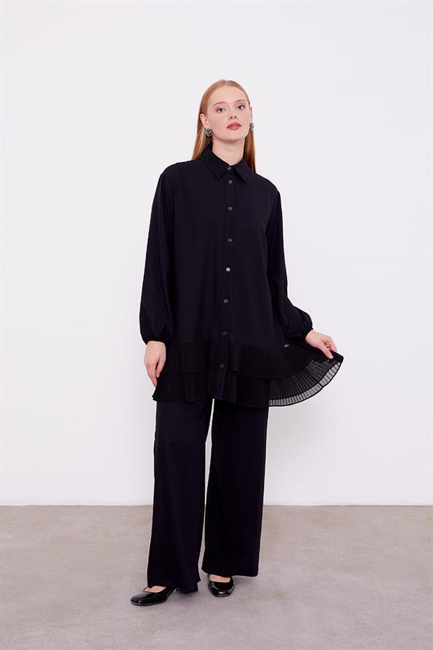 Siyah Eteği Pileli Gömlek Yaka Tunik Takım