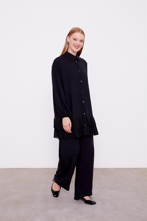 Siyah Eteği Pileli Gömlek Yaka Tunik Takım