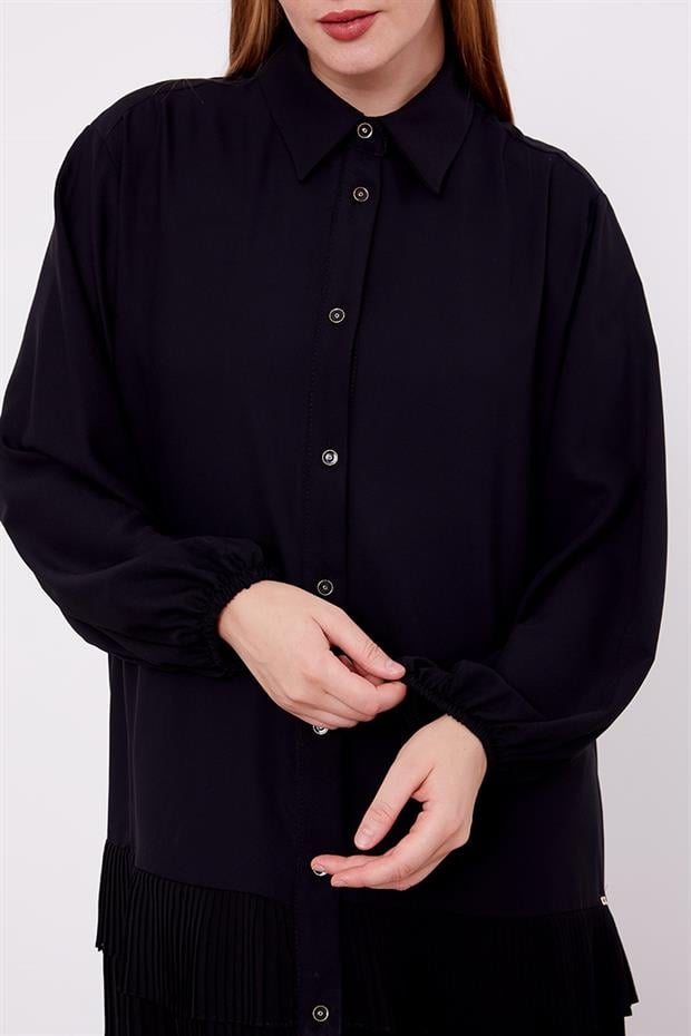 Siyah Eteği Pileli Gömlek Yaka Tunik Takım