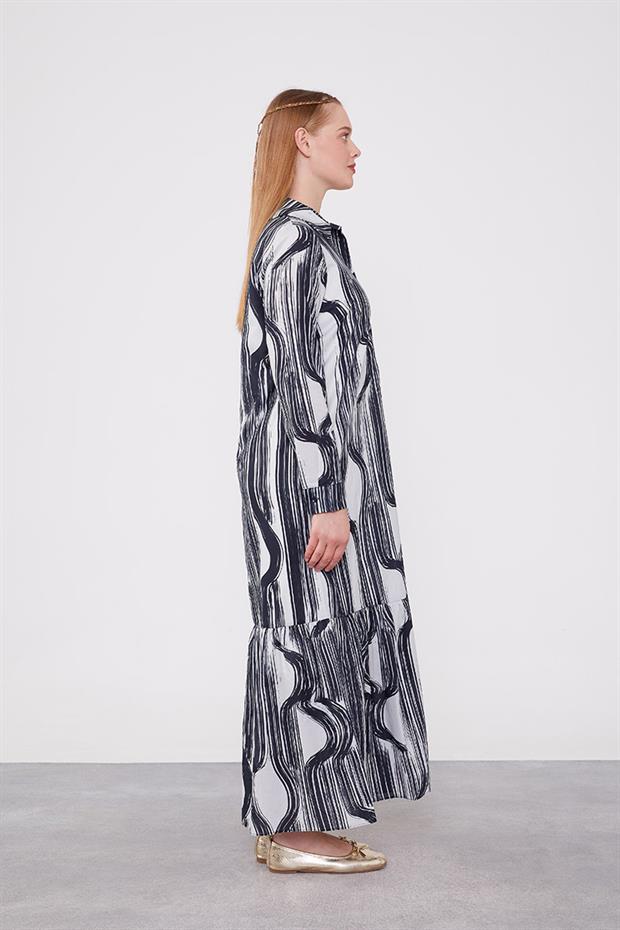 Siyah Eteği Volanlı Astarsız Pamuklu Elbise