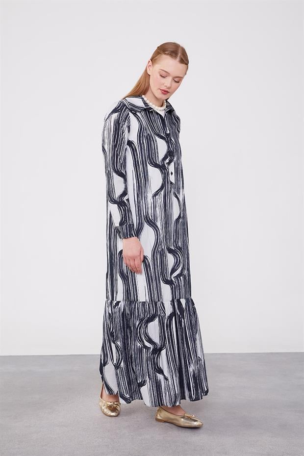 Siyah Eteği Volanlı Astarsız Pamuklu Elbise