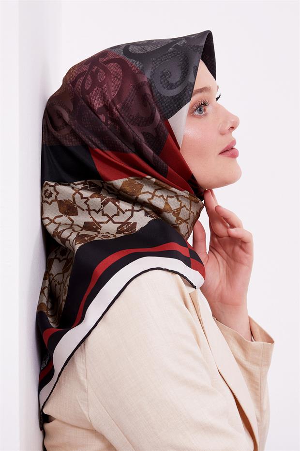 Siyah Etnik Desen Twil İpek Eşarp