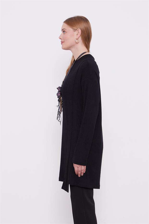 Siyah Etnik Kolyeli Fitili Kaşmir Tunik