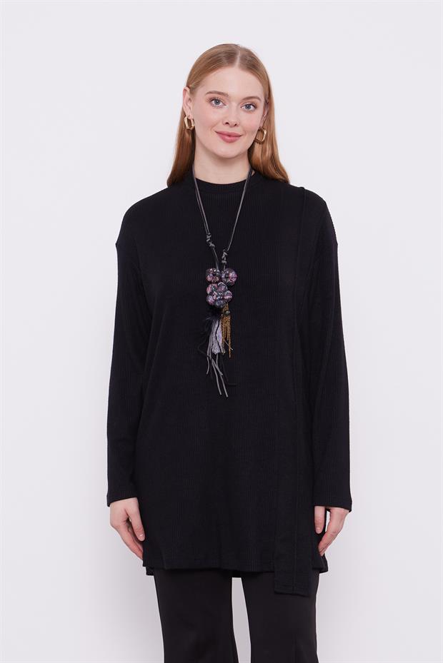 Siyah Etnik Kolyeli Fitili Kaşmir Tunik