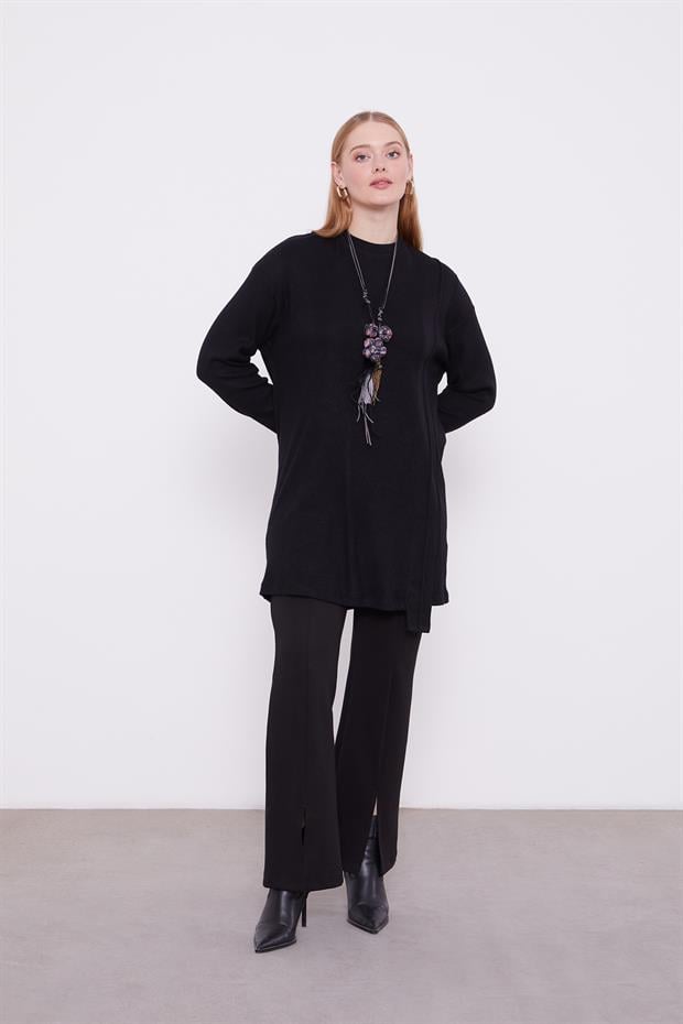 Siyah Etnik Kolyeli Fitili Kaşmir Tunik